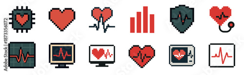 Set of pixel art medical icons featuring heart shapes, EKG heartbeat lines, monitors, and a stethoscope, representing health, cardiology, and technology in a retro 8-bit style