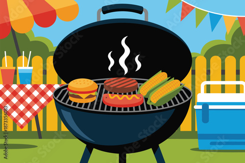 A backyard barbecue grill with food and drinks on a sunny day