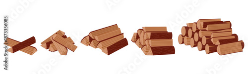 Stacked firewood. Cartoon wooden logs for kindling fireplace, wood industry materials flat vector illustration set. Bonfire firewood on white