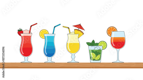 A vibrant selection of refreshing cocktails displayed neatly on a wooden shelf, perfect for summer parties and celebrations.