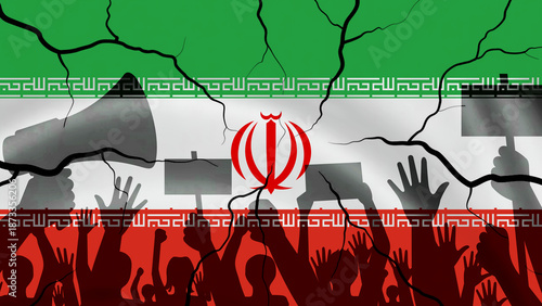 Iranian crowd protest concept with flag cracks representing mass unrest and conflict