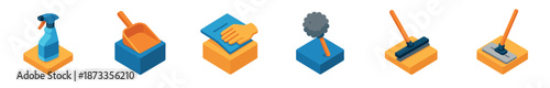 Set of isometric cleaning service icons featuring a spray bottle, dustpan, wiping hand, feather duster, squeegee, and mop for household chores and professional janitorial work