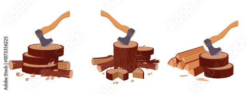 Wood chopping. Cartoon stacked woodwork, lumberjack ax workplace, firewood wooden logs flat vector illustration set. Wooden logs with axe