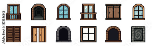 Pixel art collection of medieval windows and doors for a retro video game asset pack, featuring various architectural styles like stone arches, wooden frames, and balconies