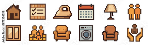 Set of pixel art icons showing home and family life with a house, furniture, people, and household items in a retro 8-bit video game style graphic collection