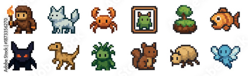 Pixel art game asset collection featuring fantasy characters, mythical creatures, animals, and monsters designed in a classic retro 8-bit video game style