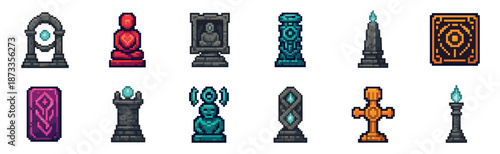 Diverse collection of pixel art fantasy icons showing magical artifacts, ancient statues, mystical totems, and glowing relics designed as assets for a retro video game