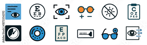 Collection of ophthalmology and optometry icons representing vision testing and eye care, including minimalist symbols for eye charts, glasses, diagnostics, and medical examination