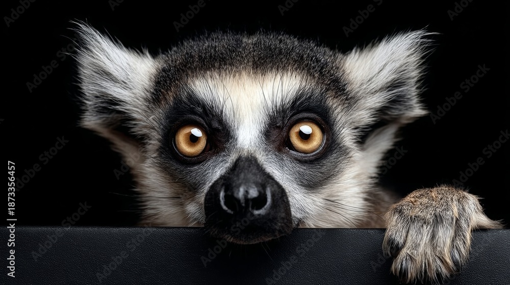 Fototapeta premium Close-up of a curious lemur with large expressive eyes peering over a dark surface, showcasing its unique facial features and playful demeanor in a captivating animal portrait