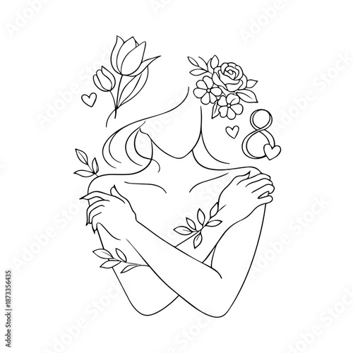 March eighth. Self-love. A girl hugs herself with a single line, surrounded by flowers and colorful elements. Mother's Day. Spring.