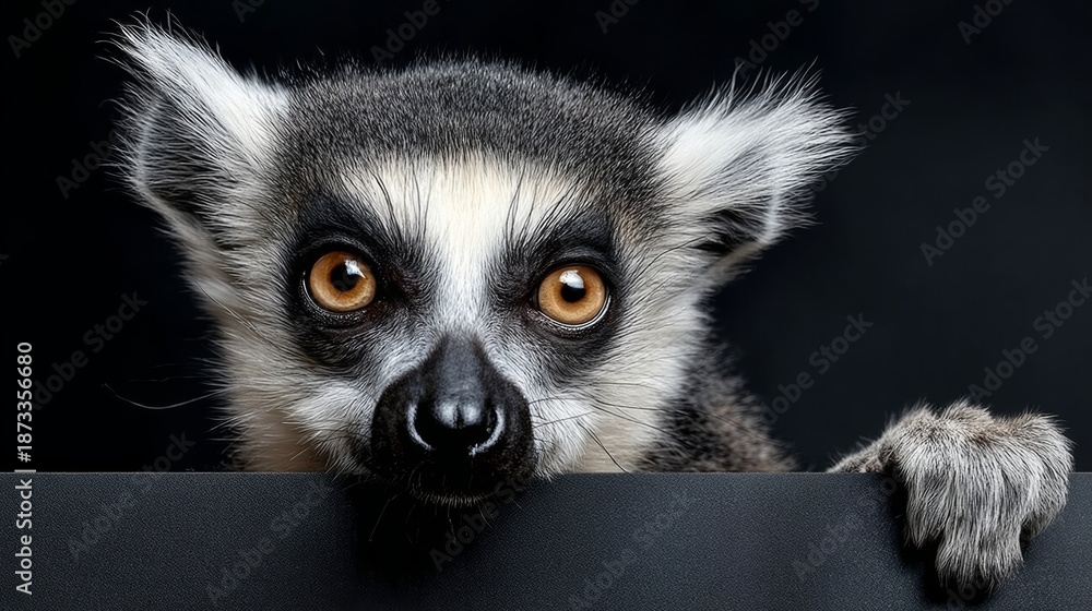Naklejka premium Close-up of a curious lemur with striking golden eyes peering over a dark surface, showcasing its unique facial features and playful expression in a captivating manner