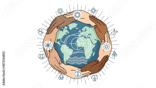 Earth surrounded by symbols and elements in an illustrated representation via automated design