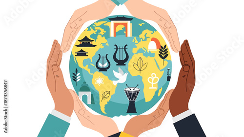 Diverse hands holding a vibrant globe with cultural symbols, promoting unity and global understanding from a overhead viewpoint