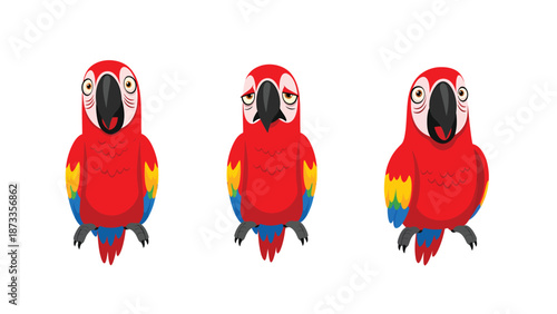 Cartoon red macaw parrots with surprised, sad, and happy expressions. Vector illustration of colorful exotic birds.