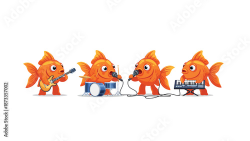 Happy Goldfish Cartoon Band Playing Instruments: Guitar, Drums, Vocals, Keyboard