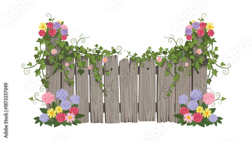 A rustic wooden garden gate embellished with a vibrant assortment of colorful flowers, ivy, and lush green foliage.