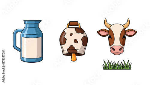 Cartoon Dairy Farm Icons: Milk Can, Cow Head, Cowbell, and Grass Set on White Background