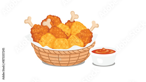 A delicious basket filled with assorted fried chicken pieces, including drumsticks and nuggets, with a side of dipping sauce.