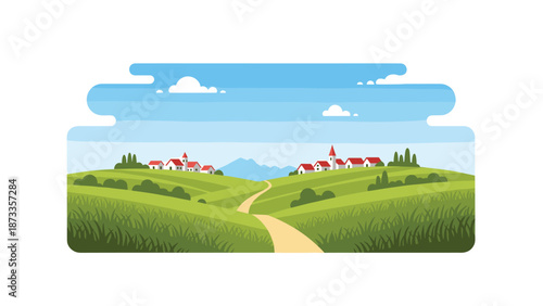 A picturesque pixel art landscape showcasing rolling green hills, a winding path, and a charming village under a blue sky.