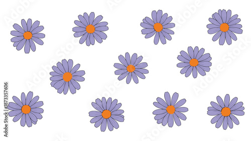 A charming, scattered pattern featuring multiple purple daisy-like flowers with orange centers, creating a fresh and playful design.