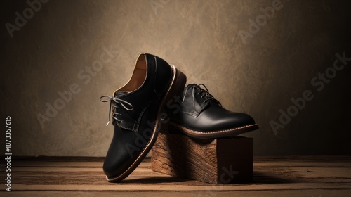 footwear. Handcrafted leather shoes displayed on wood, showcasing quality and minimalist elegance. lifestyle magazines.
