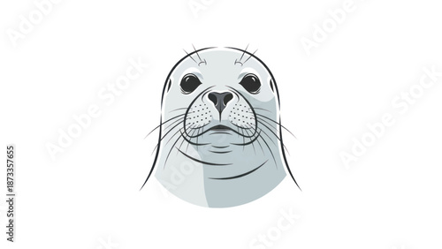 Minimalist illustrated seal portrait with expressive eyes and whiskers in soft grayscale tones.