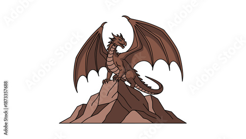 A powerful brown dragon with large wings majestically perched on a rocky mountain peak, exuding mythical grandeur.