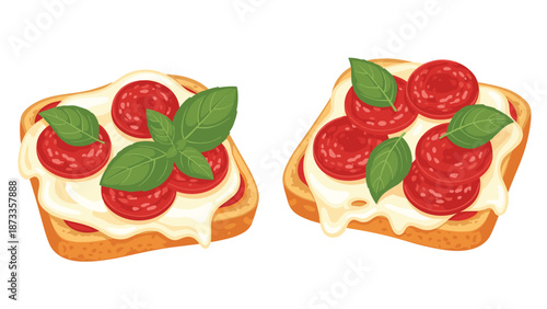Two appetizing pepperoni and melted cheese bruschettas, garnished with fresh basil leaves, offering a savory Italian snack.