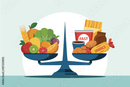 A colorful illustration of healthy food versus junk food on a scale