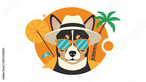 An adorable corgi dog wearing stylish sunglasses and a straw hat, set against a cheerful beach background with palm trees.