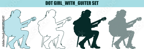 Girl Playing Guitar Silhouette Set on White Background