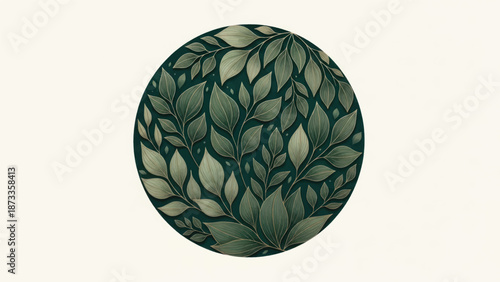 Circular illustration of lush green leaves forming intricate foliage pattern.