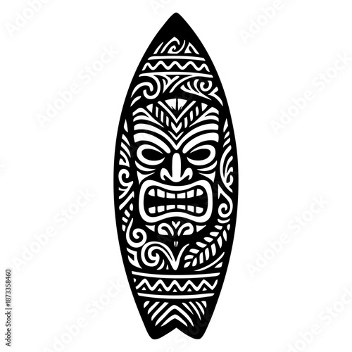 Logo club de surf. Tabla de surf con máscara tiki y con decoración de tatuajes tribales maoríes