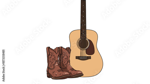 A classic acoustic guitar positioned next to a pair of rustic cowboy boots, evoking a country music and western lifestyle vibe.