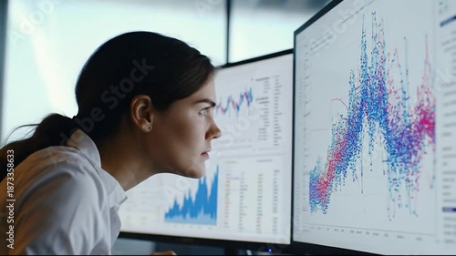Analyst woman looking at complex data graphs on multiple computer screens