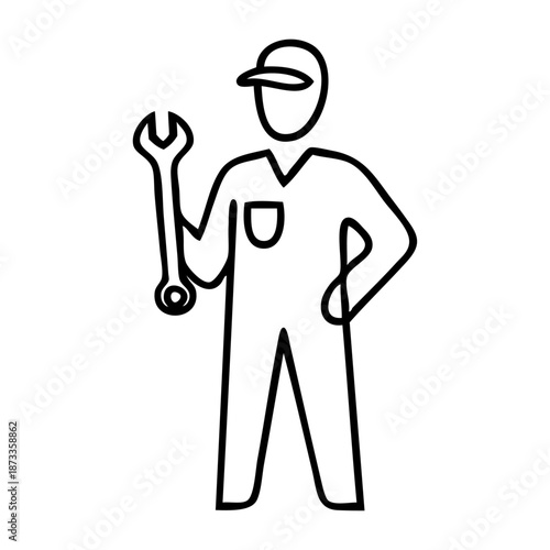 Símbolo de trabajo industrial. Dibujo de trazo único de un hombre con ropa de trabajo y una llave inglesa 