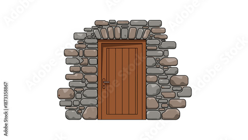 Rustic wooden door with metal hinges and handle, seamlessly integrated into a textured stone wall, conveying a sense of timelessness and sturdy craftsmanship.