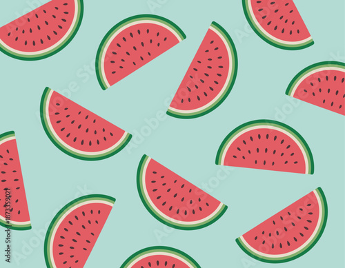 Sliced watermelon wedges with seeds scattered a light blue background fruit food