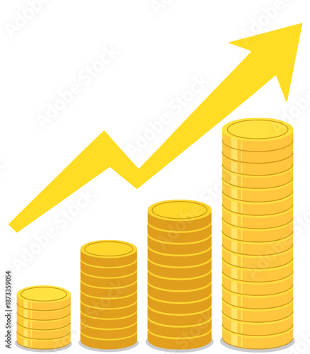 Stacks of gold coins increasing in height with a yellow arrow graph showing upward trend money finance