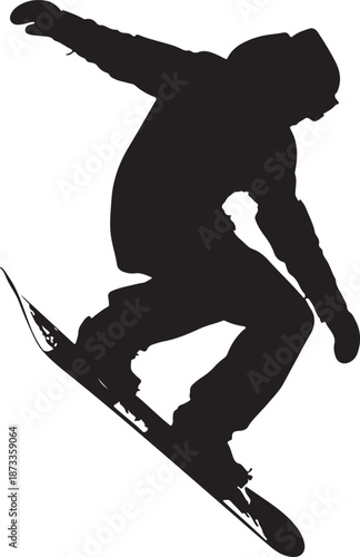 Dynamic action silhouette of a snowboarder jumping mid-air, extreme winter sports concept on white