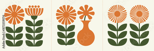 Stylized abstract orange flowers with green leaves cream background leaf