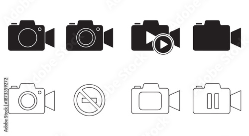 A collection of camera icons in various styles and designs on a white background
