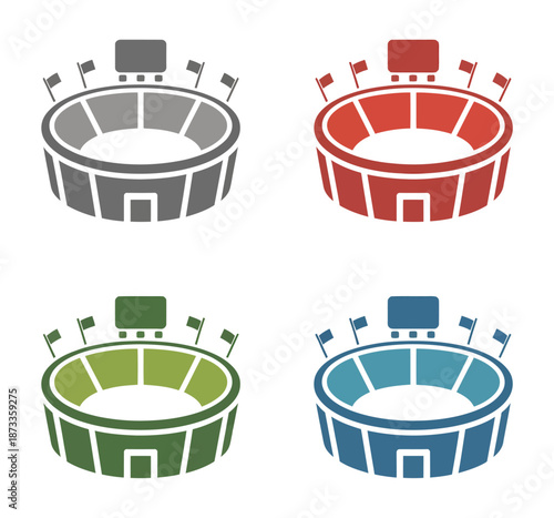 Stylized stadium in gray red green and blue with flags and scoreboard arena sport