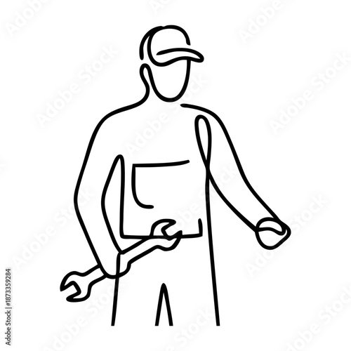 Símbolo de trabajo industrial. Dibujo de trazo único de un hombre con ropa de trabajo y una llave inglesa
