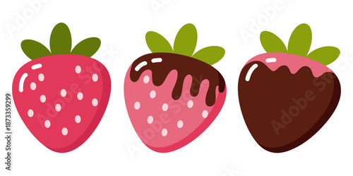 Stylized strawberries plain pink dipped in chocolate with green leaves strawberry fruit