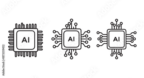A graphic illustration of AI microchips with circuit board designs on a white background