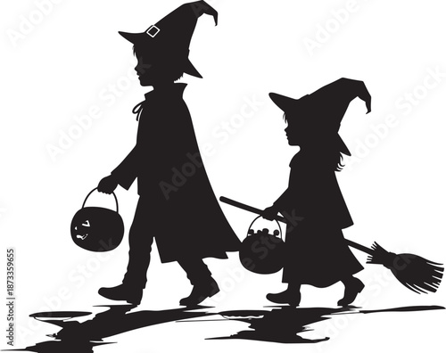 Playful silhouette of children dressed as witches for Halloween trick-or-treating with candy buckets and broom