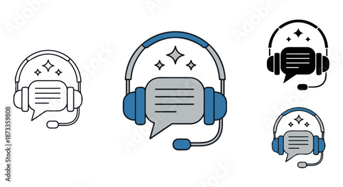 A set of customer service icons featuring headsets and speech bubbles on a white background