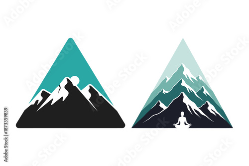 Mountain peak landscapes with meditating person silhouette