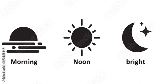 A simple graphic illustration of morning, noon, and night time symbols in black and white